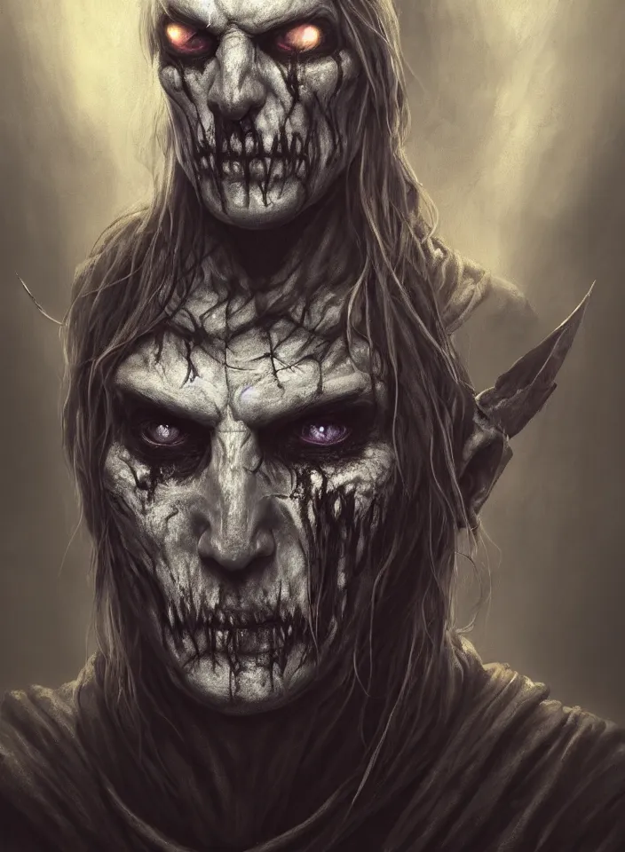 Image similar to a face portrait of a older man as an undead necromancer from skyrim, fantasy setting, beautiful face, serene colors, soft lighting, atmospheric, cinematic, moody, in the style of diego koi, gina heyer, luiz escanuela, art by alyssa monk, hyperrealism, rule of thirds, golden ratio, oil on canvas, 8 k