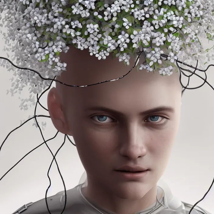 Prompt: hyperrealist portrait of a 2 0 4 4 space sport engineer, it is decorated with long white wires and white flowers that fall like vines and wears a huge computer crown by roberto ferri, fantasy art, photo realistic, dynamic lighting, unreal engine rendered, artstation, poster, dramatic light, very detailed faces, - 8 k, award winning
