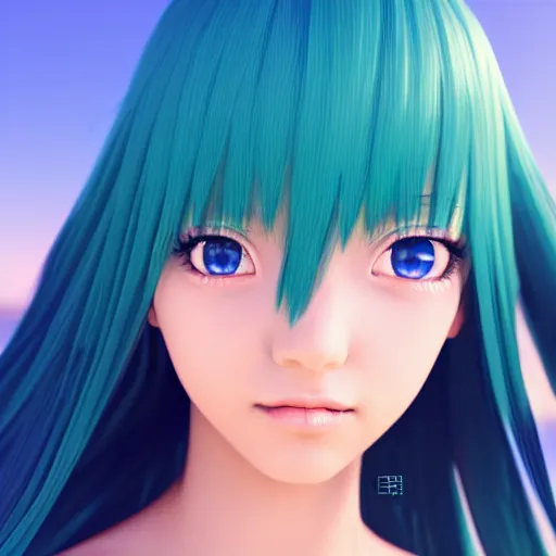 Prompt: render as a very beautiful 3d anime girl, full body, slim, long braided teal hair, azure blue eyes, full round face, short smile, Hajime Sorayama, serene beach setting, cinematic lightning, medium shot, mid-shot, highly detailed, trending on Artstation, Unreal Engine 4k, cinematic wallpaper