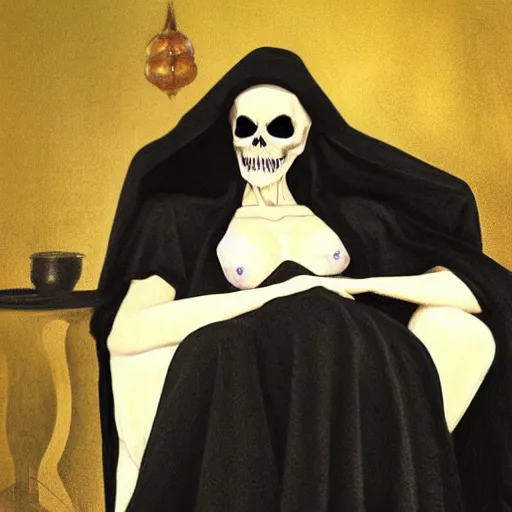 Image similar to grim reaper as a beautiful woman relaxing on the couch, thin black robe, elegant, posing, an ornate scyte is resting off to the side, vintage shading, award winning, by Ilya Repin and Dave McKean, deviant art