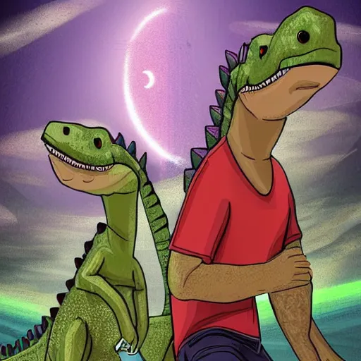 Prompt: The last selfie of a dinosaur before the asteroid impact, digital art