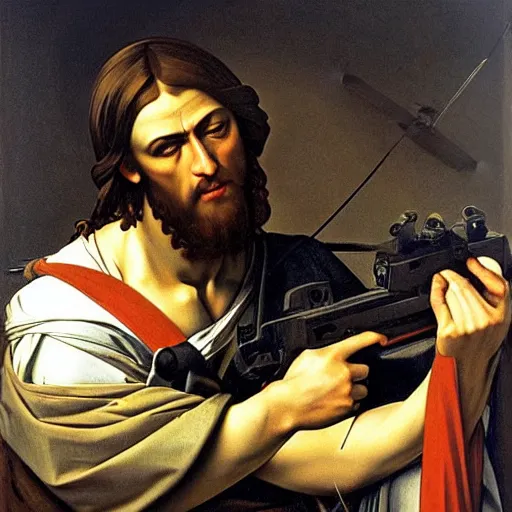 Image similar to Jesus Christ as Rambo hanging from a helicopter and shooting a gun ,Caravaggio