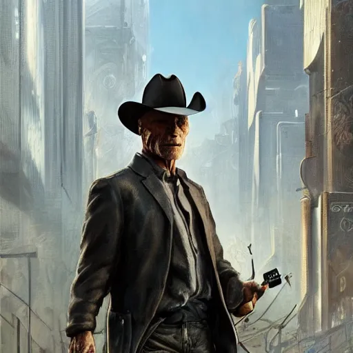 Image similar to full figure ultra realistic illustration, ed harris wearing a cowboy outfit in a dystopian city, intricate, elegant, highly detailed, digital painting, artstation, concept art, smooth, sharp focus, illustration, art by artgerm and greg rutkowski and alphonse mucha