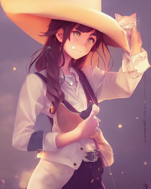 Prompt: a very cute cowgirl wearing a hat with cat ears, medium shot, ambient lighting, visible and detailed face, by makoto shinkai, stanley artgerm lau, wlop, rossdraws