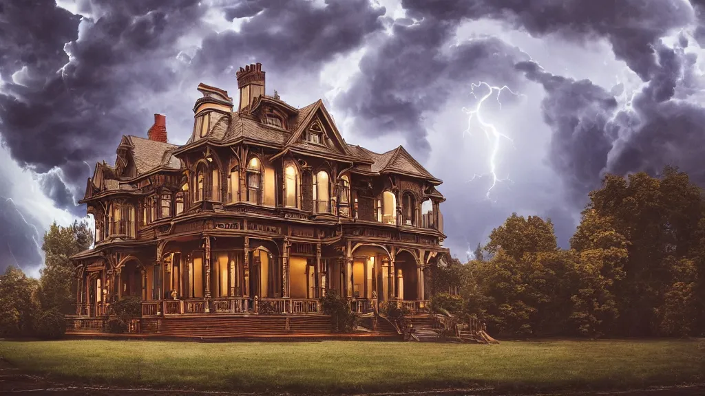 Image similar to richly decorated Victorian house, modern, beautiful, detailed wood, photorealistic, photorealism, ball lightning, lightning, clouds, smoke, storm, diffuse light, vivid cybernetics