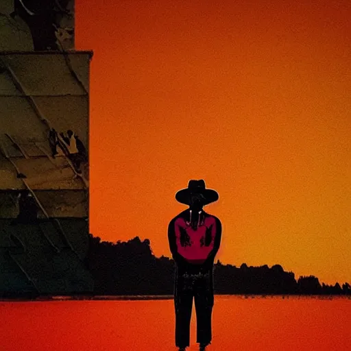 Prompt: A beautiful photograph of a lone ranger, set against a backdrop of a beautiful sunset. by Karel Thole, by Piet Hein Eek colorful