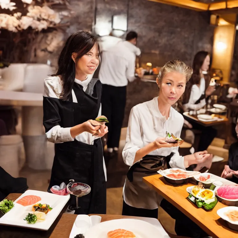 Image similar to a woman asking a waiter for a sushi inside of a luxurious 5 star sushi restaurant, theres a line of people in the womans back waiting for an order too