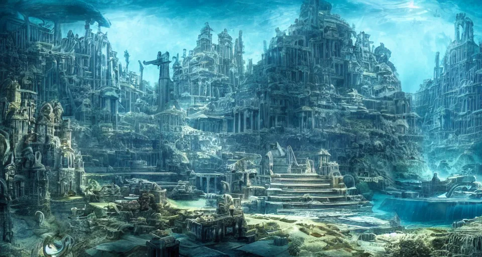 Prompt: a magnificent photo of the lost city of Atlantis, underwater, landscape, unbroken, buildings, epic lighting, hyper detailed, 4K