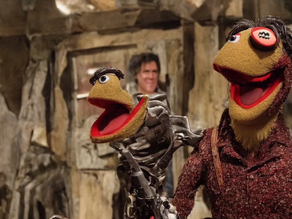 Image similar to Bruce Campbell as Ash in Muppets Evil Dead