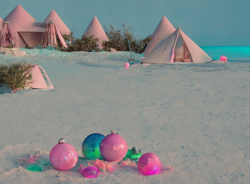 Image similar to a vintage family holiday photo of an empty beach from an alien dreamstate world with chalky pink iridescent!! sand, reflective lavender ocean water, dim bioluminescent plant life and an igloo shaped plastic transparent bell tent surrounded by holiday clutter opposite a pit with an iridescent blue flame flickering. refraction, volumetric, light.