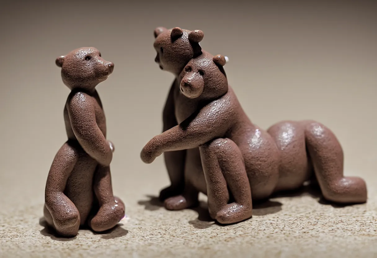 Prompt: clay bear figurine stylized on a marble table, hyper realism, low depth of field