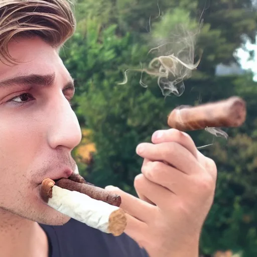 Image similar to a closeup photo of handsome gigachad xqc elrubius smoking a cigar