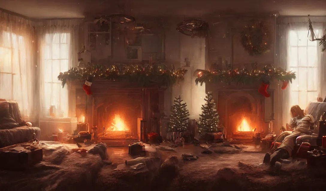 Image similar to a christmas eve photorealistic painting, cozy home, interior, sci - fi, wlop, concept art, octane render, deviantart, greg rutkowski, cinematic, key art, hyperrealism