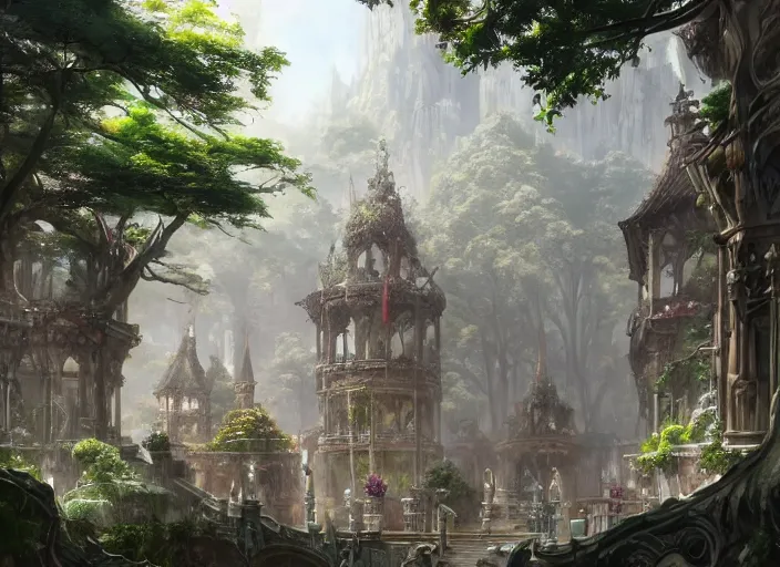 Image similar to A wide open courtyard in a beautiful, colorful elven city made of ivory, anime, lush trees, fountain, a fantasy digital painting by Greg Rutkowski and James Gurney, trending on Artstation, highly detailed