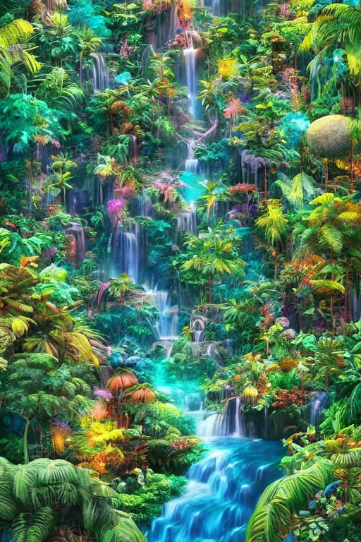 Image similar to aerial view of a colorful jungle with rivers and waterfalls, by artgerm, tom bagshaw, gerald brom, vaporwave colors, lo - fi colors, vaporwave, lo - fi, moody vibe, goth vibe, full body, rendered by substance designer, cel shading, toon shading, smooth,