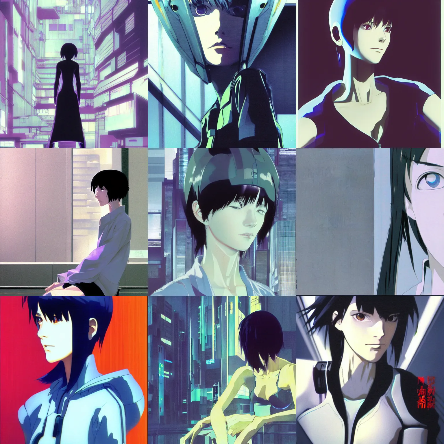 Prompt: glitch ghost in the shell lain portrait by makoto shinkai concept art by syd mead