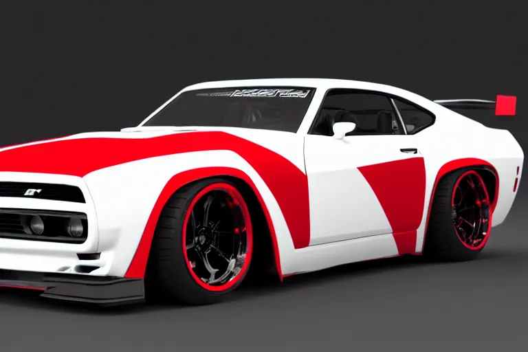 Prompt: a muscle car based on nissan, bmw and chevy sports car body styles, with black and red paint, nissan sports cars, chevy sports cars, trending on artstation, unreal engine, studio lighting, hyper realistic, by jotaautomotive, nancorocks and khyzylsaleem