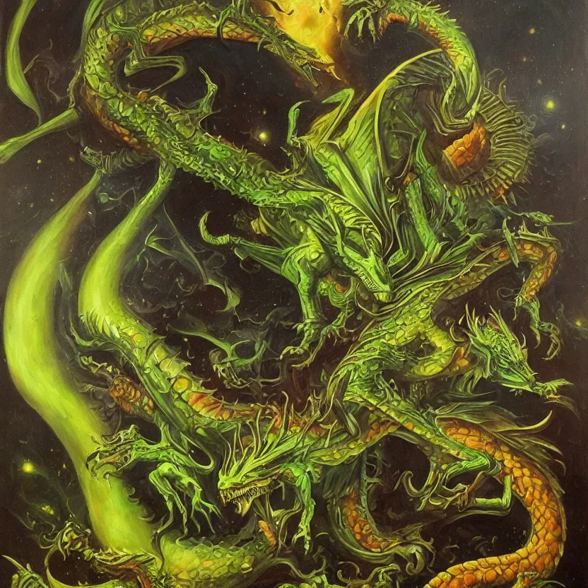 Prompt: an ornately framed painting of a green alien dragon. pulp sci - fi art for omni magazine. high contrast. dark background. baroque period, oil on canvas. renaissance masterpiece. trending on artstation. retrofuturism.