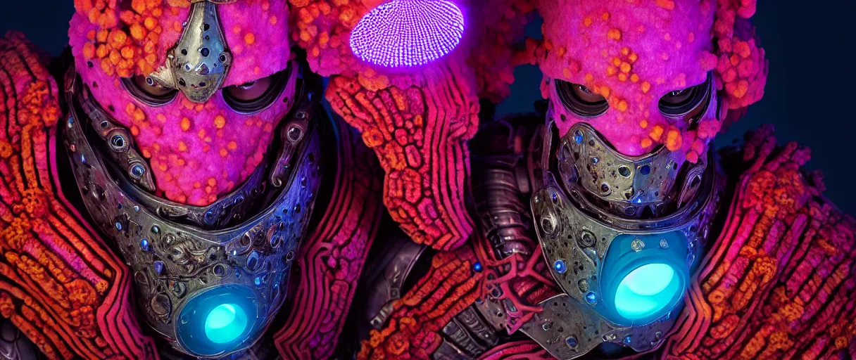 Image similar to hyperrealist highly detailed english medieval portrait of high fashion monster wearing uv light reef armor, radiating atomic neon corals, concept art pascal blanche dramatic studio lighting 8k wide angle shallow depth of field