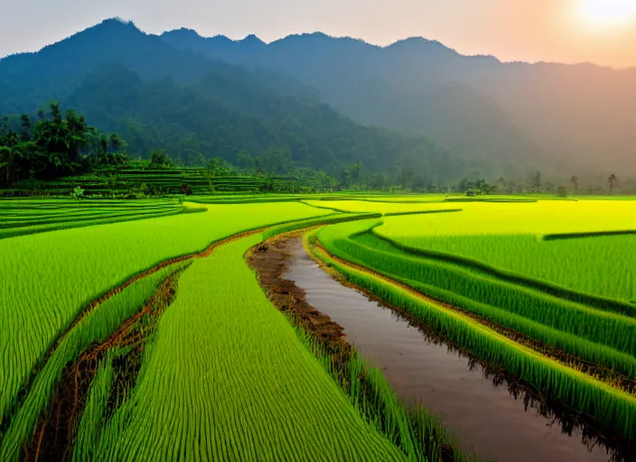 Image similar to a road between rice paddy fields, two big mountains in the background, big yellow sun rising between 2 mountains, indonesia travel photo