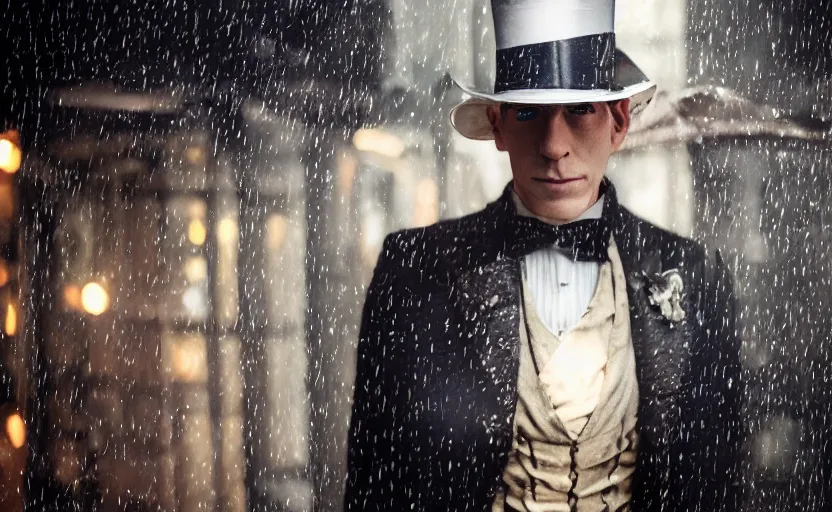 Image similar to cinestill 5 0 d candid photographic portrait by david cronenberg of baroque steampunk cyborg gentleman wearing an edwardian suit and top hat, modern cyberpunk moody emotional cinematic, closeup, pouring rain menacing lights shadows, 8 k, hd, high resolution, 3 5 mm, f / 3 2, ultra realistic faces, ex machina