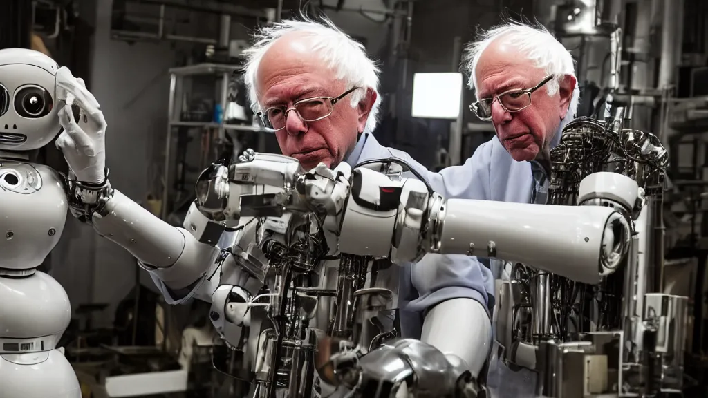 Image similar to bernie sanders putting the finishing touches on a cute clockwork doomsday robot, cinematic moody lighting, sharp focus, dirty laboratory, imax