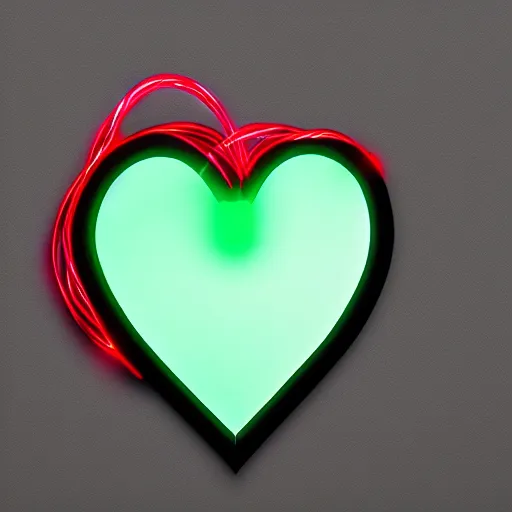 Image similar to a glowing red heart connected to dark green strings with a black background, digital art