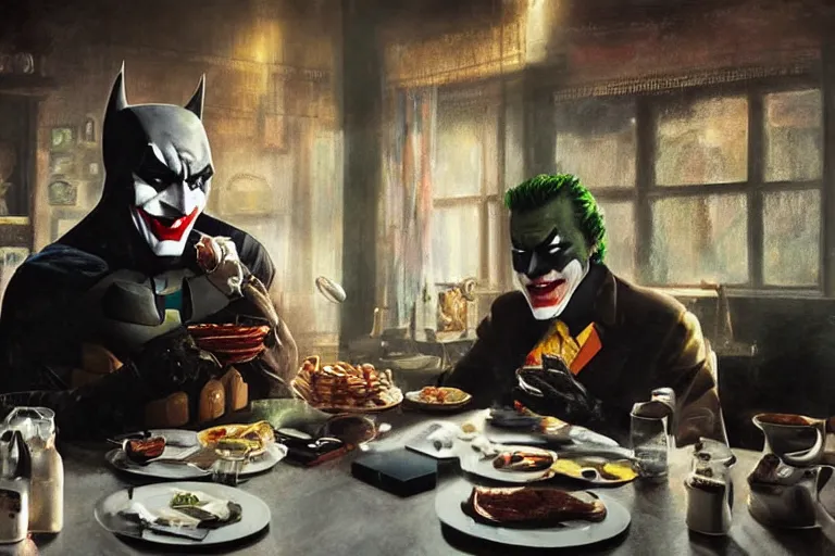 Image similar to morning light, highly detailed portrait of Batman eating breakfast, the head of the joker is placed on the table, atmospheric lighting, masterpiece, award winning painting by Emmanuel Lubezki