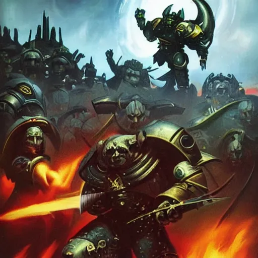 Prompt: Epic battle between Astartes and orcs in the world of Warhammer 40,000, retro futurism style