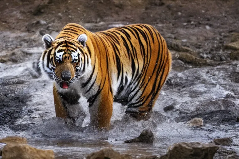 Image similar to a tiger polar bear!!! hybrid! hyper realistic!! realistic lighting!! wildlife photographer of the year!!! bold natural colors, national geographic, hd, wide angle, 8 k