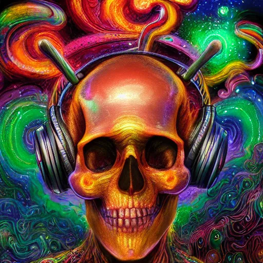 Image similar to portrait of a fantasycore glitchcore deformed skull wearing headphones. intricate abstract. intricate artwork. celestial. prismatic, by josephine wall, pixar, ghibli. octane render, CGSociety very coherent symmetrical artwork. cinematic, hyper realism, high detail, octane render, 8k, holographic accents