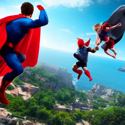 Prompt: a flying superhero catching a child that is falling from a cliff. photorealistic. realism. 4 k wideshot. cinematic. unreal engine. artgerm.