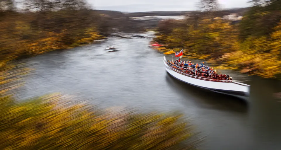 Image similar to a highspeed viking ship sailing down a river, f / 2. 8, motion blur