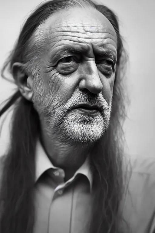 Prompt: jeremy corbyn with very long hair, tied in ponytail, photographed, portrait, photographic, hdr, 4 k