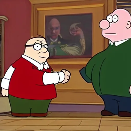 Image similar to Peter Griffin meets Captain Picard, shakes hand with Captain Picard, Real Event, Historical Event, Realistic, HDR, Clear Image,