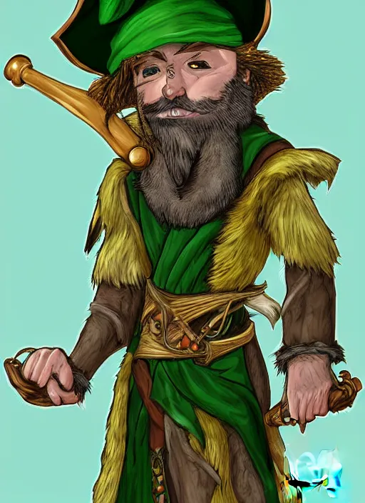 Prompt: ratfolk with beard and jewelry, green eyes, tricorne hat, green robe, D&D, digital art