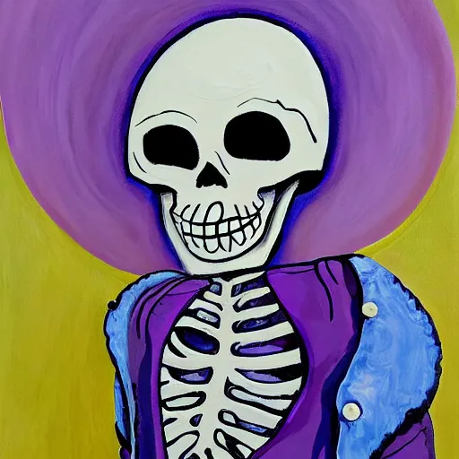 Image similar to smiling skeleton with puffy blue jacket, painting