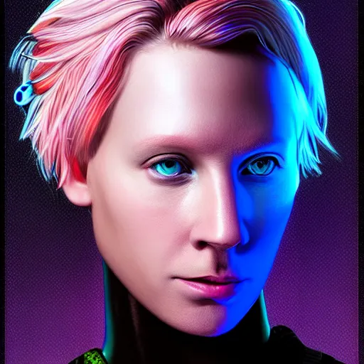 Image similar to photorealistic cyberpunk brienne of tarth, iridescent neon