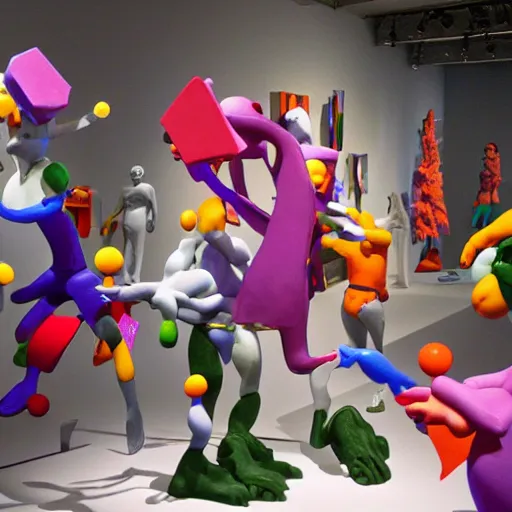 Image similar to a claymation film still of a contemporary sculpture / collection / contemporary art / gallery / museum / claymation by jeff koons and bruce bickford