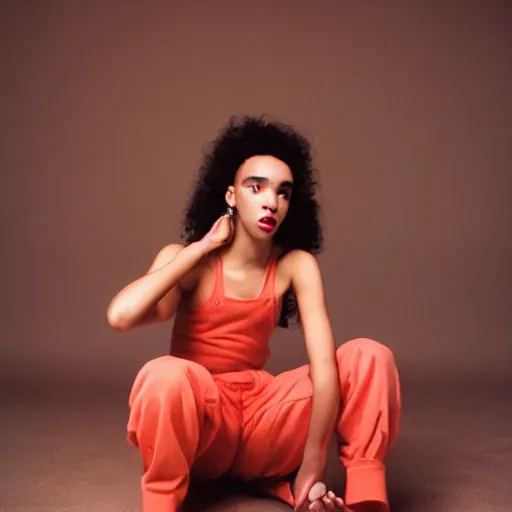 Image similar to realistic! photoshoot for a new heliot emil lookbook, color film photography, starring fka twigs, in style of tyler mitchell, 35mm