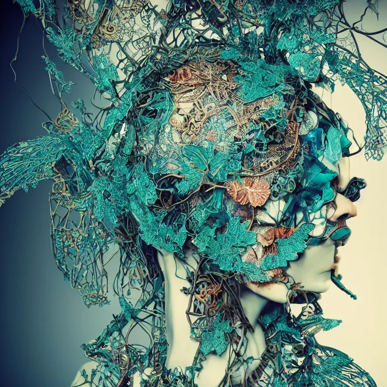 Prompt: cinema 4d colorful render, dark scene, ultra detailed, of a broken porcelain woman's face. biomechanical, analog, macro lens, dark light, big leaves and large Dragonflies, stems, roots, fine foliage lace, turquoise gold details, high fashion haute couture, art nouveau fashion embroidered, intricate details, mesh wire, mandelbrot fractal, anatomical, facial muscles, cable wires, elegant, hyper realistic, in front of dark flower pattern wallpaper, ultra detailed