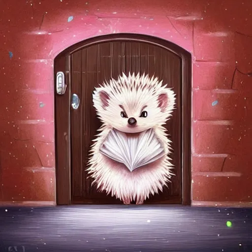 Image similar to cute adorable hedgehog opening the door, shy hedgehog, blushing, waving, smiling, cute, hedgehog, by cyril rolando