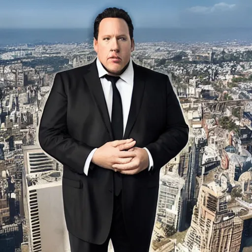 Image similar to Clean-shaven Jon Favreau as Happy Hogan wearing a black suit and black necktie and black dress shoes is climbing up a tall building in an urban city.