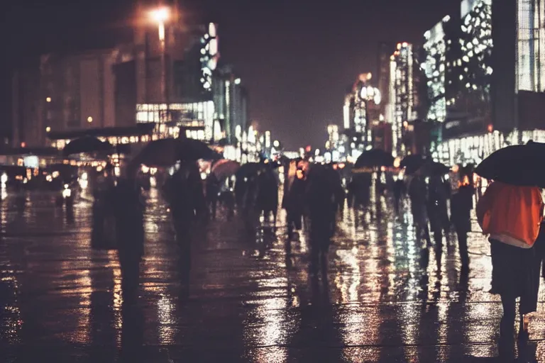 Image similar to canon, 300mm, bokeh, city at night, raining, reflections, people with umbrellas