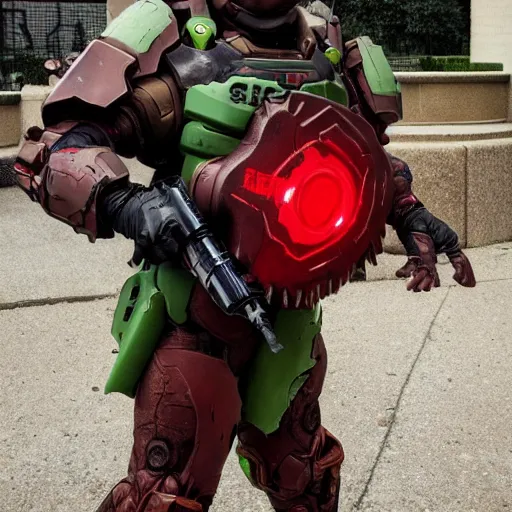 Image similar to doom slayer from doom eternal cosplay, photography, 9 0 s