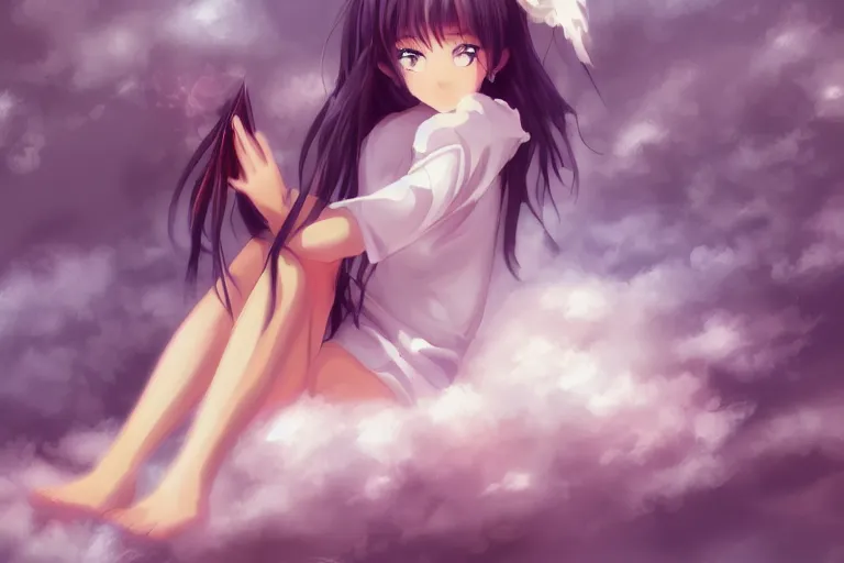 Prompt: a cute beautiful anime girl sitting on a cloud relaxing, digital painting, anime, portrait
