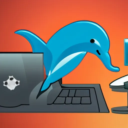 Image similar to A dolphin wearing a chemist outfit playing games on a computer, digital art