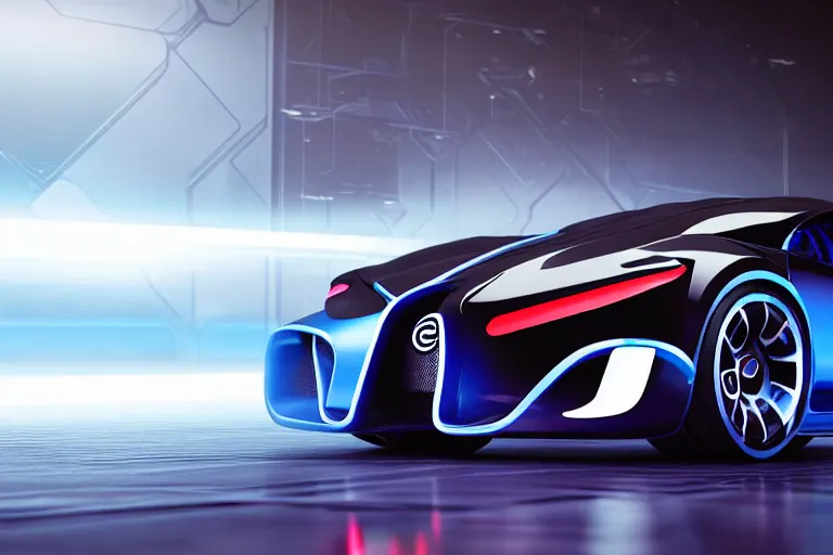 Image similar to cyberpunk bugatti concept inspired sports car, futuristic look, highly detailed body, very expensive, photorealistic camera shot, bright studio setting, studio lighting, crisp quality and light reflections, unreal engine 5 quality render