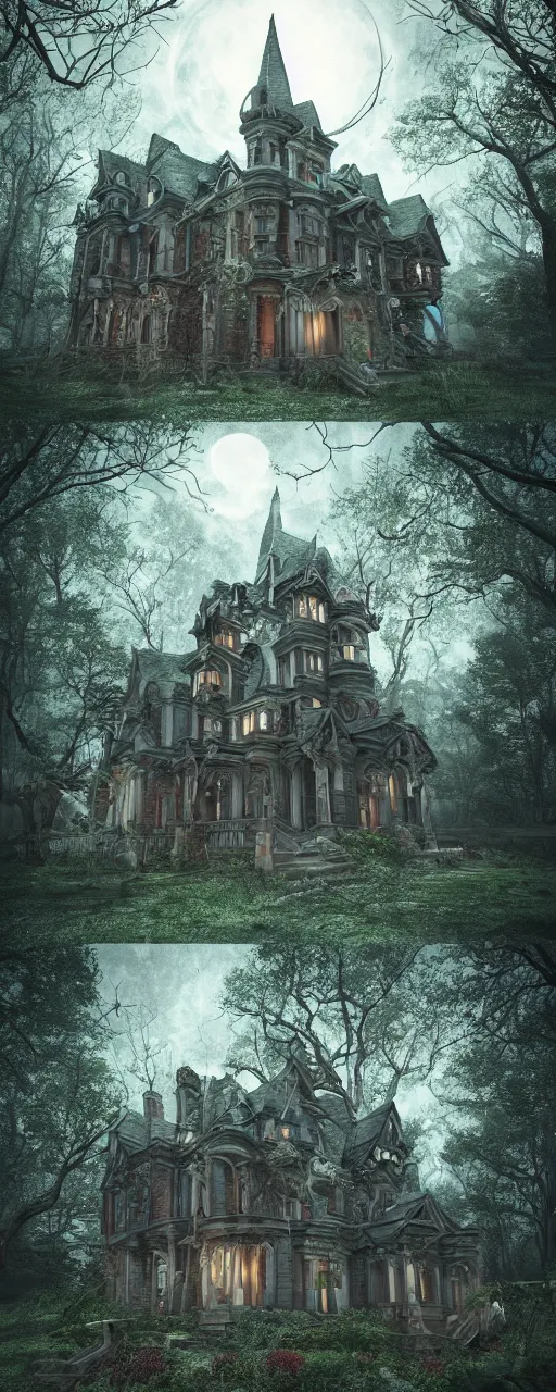 Image similar to A haunted Mansion in the middle of the woods at night during the Lunar Eclipse, evil, demonic, enchanting, angelic, flowers, nature, city, symmetry, environment concept, cinematic, Rendered in Octane, trending on artstation, cgsociety, moody lighting rendered by octane engine, environment 8K artstation, cinematic lighting, intricate details, 8k detail post processing, hyperealistic, octane render, photo realism, visually inspired by Stephen King