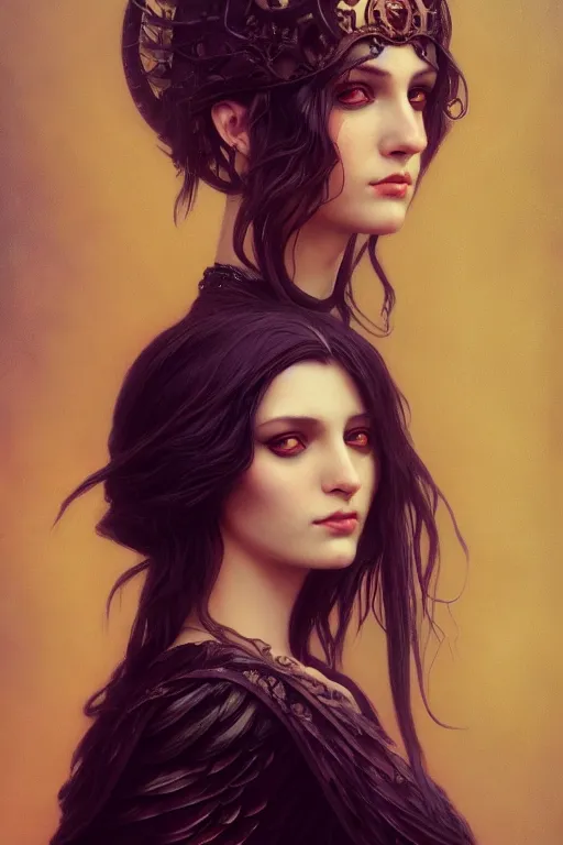 Image similar to a portrait of the Raven Queen, bored, illustration, dramatic lighting, soft details, painting oil on canvas, art nouveau, octane render, HDR, 4k, 8k, HD, by Edmund Blair Leighton, Brom, Charlie Bowater, trending on artstation, Tom Bagshaw faces by otto Schmidt